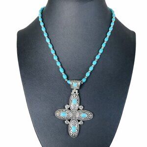 Sterling Silver Turquoise Cross Necklace Southwestern Filigree Pendant 925